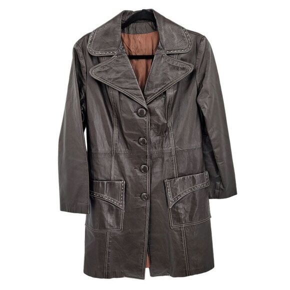 Vtg 70's Womens Leather Trench Coat Cowgirl Western Contrast Stitching Brown S - Picture 3 of 11